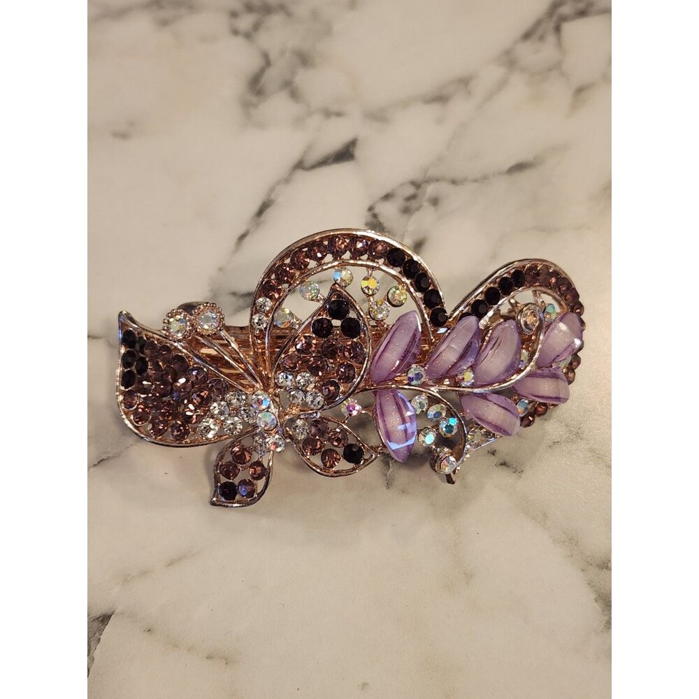 Vintage Rhinestone & Faux Gem Floral Hair Clip Purple Butterfly